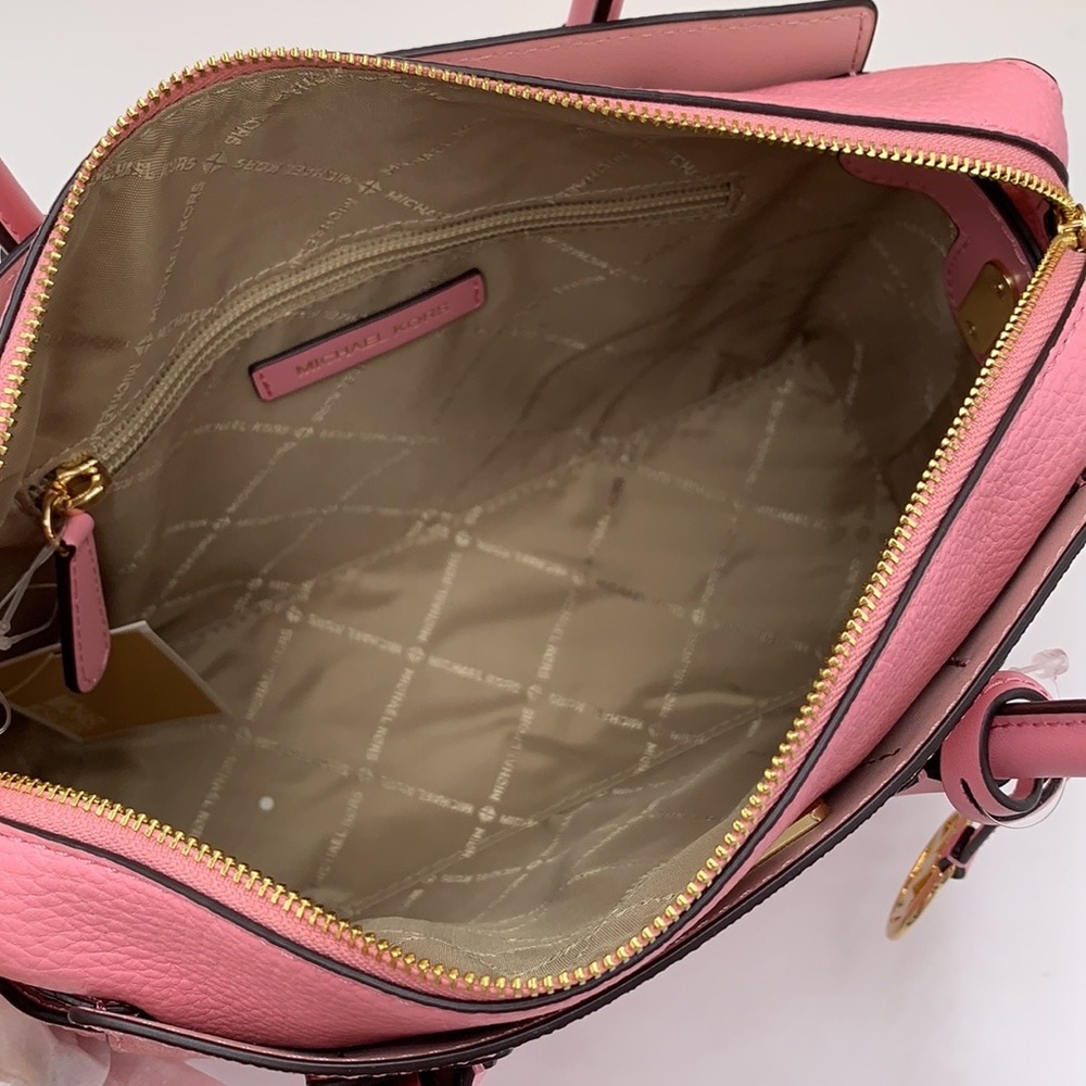 MICHAEL KORS Mercer Sm TZip Logo Leather Belted Satchel Crossbody Carnation - Picture 14 of 16